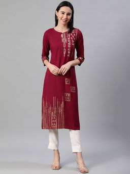 Ziyaa - Women Maroon Colour Foil Print Straight Kurta