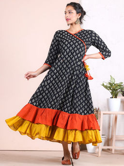 Rustorange - Black Floral Double Frill Angrakha Dress