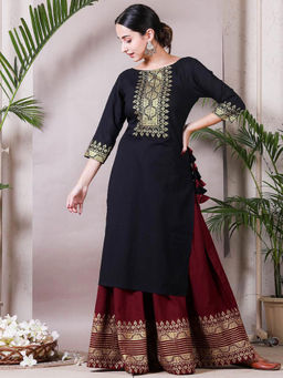 Rustorange - Black Gold Printed Kurta With Maroon Skirt and Tassels (Set of 2)