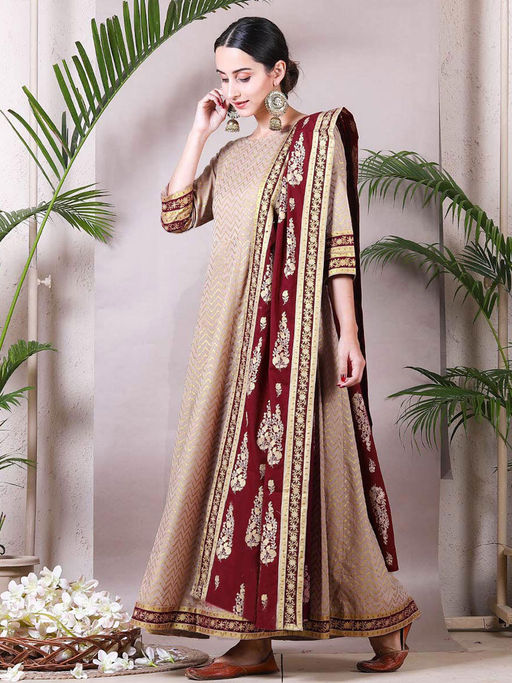 Buy Rustorange Beige Gold Printed Kalidaar Dress With Maroon Dupatta (Set  of 2) Online