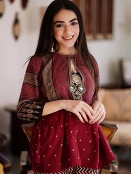 Rustorange - Maroon & Black Ajrakh Inspired Front Open Gathered Shrug