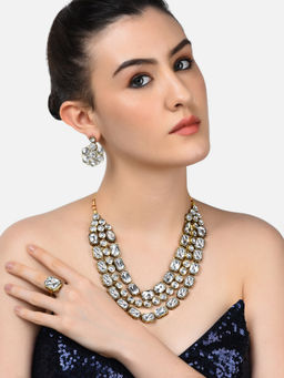 Zaveri Pearls - Antique Gold Tone Multi Layered Ethnic Necklace Earring & Ring Set-ZPFK10502