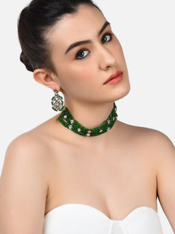 Zaveri Pearls - Green Beaded Kundan Choker Necklace & Earring Set-ZPFK10764