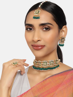 Zaveri Pearls - Green Meenakari Kundan & Beads Choker Necklace Earring Maangtikka & Finger Ring Set
