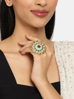 Zaveri Pearls - Pastel Green Meenakari Pink Stone Traditional Flower Finger Ring
