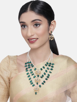 Zaveri Pearls - Green Beads & Pearls Wedding Collection Kundan Necklace & Earring Set-ZPFK10247