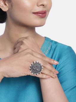 Zaveri Pearls - Antique Silver Tone Elephant Contemporary Adjustable Finger Ring-ZPFK10285