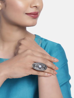 Zaveri Pearls - Antique Silver Peacock Inspired Contemporary Adjustable Finger Ring-ZPFK10286