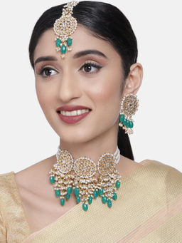 Zaveri Pearls - Green Beads Bridal Kundan Choker Necklace Earring & Maangtikka Set-ZPFK10289