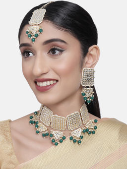 Zaveri Pearls - Green Beads Pearl Kundan Choker Necklace Earring & Maangtikka Set-ZPFK10304