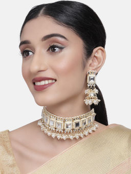 Zaveri Pearls - Gold Tone Kundan & Pearls Choker Necklace & Earring Set-ZPFK10306
