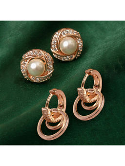 Zaveri Pearls - Combo of 2 Rose Gold Cubic Zirconia Brass Stud & Drop Earring-ZPFK10859