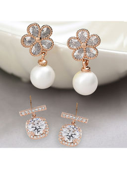 Zaveri Pearls - Combo of 2 Rose Gold Cubic Zirconia & Pearl Brass Drop Earring-ZPFK10860
