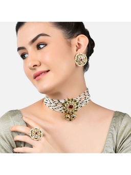Zaveri Pearls - Green & Pink Multistrand Pearls Choker Necklace Earring & Ring Set-ZPFK11073