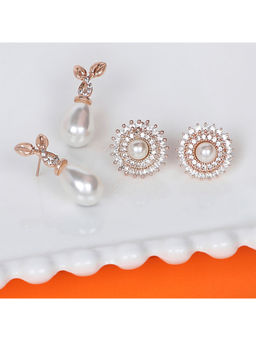 Zaveri Pearls - Set of 2 Rose Gold Cubic Zirconia Brass Pearl Stud Earrings-ZPFK11122