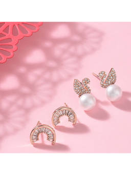 Zaveri Pearls - Set of 2 Rose Gold Contemporary Cubic Zirconia Brass Stud Earrings-ZPFK11136