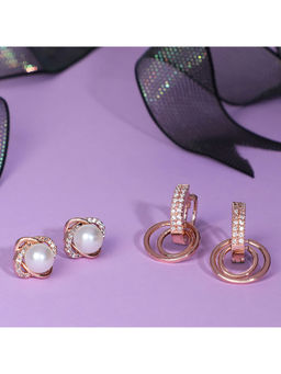Zaveri Pearls - Set of 2 Rose Gold Cubic Zirconia Brass Stud & Hoop Earrings-ZPFK11159