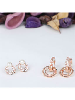 Zaveri Pearls - Set of 2 Rose Gold & Gold Cubic Zirconia Brass Stud & Hoop Earring-ZPFK11163