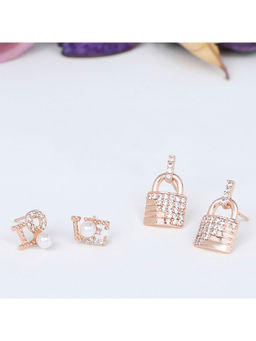 Zaveri Pearls - Set of 2 Rose Gold Contemporary Cubic Zirconia Brass Stud Earrings-ZPFK11167