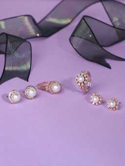 Zaveri Pearls - Set of 2 Rose Gold Contemporary Cubic Zirconia Stud Earrings & Rings Set-ZPFK11198