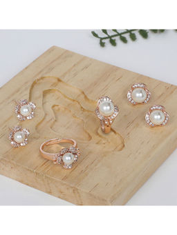 Zaveri Pearls - Set of 2 Rose Gold Cubic Zirconia Stud Earrings & Rings Set-ZPFK11199