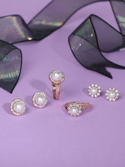 Zaveri Pearls - Set of 2 Rose Gold Contemporary Cubic Zirconia Stud Earrings & Rings Set-ZPFK11200