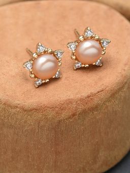 Zaveri Pearls - Peach Freshwater Pearl & Cubic Zirconia Brass Studs Earring-ZPFK11400