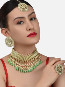 Zaveri Pearls - Green Bridal Kundan Choker Necklace Earring Maangtikka & Ring Set-ZPFK11420