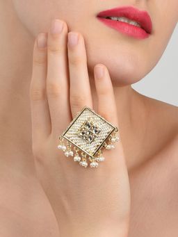 Zaveri Pearls - Gold Tone Multi Pearl Strands Ethnic Kundan Adjustable Finger Ring-ZPFK11421