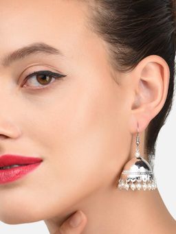 Zaveri Pearls - Silver Tone Dangling Pearl Drops Ethnic Jhumki Earring-ZPFK11435