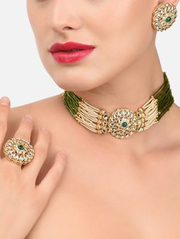 Zaveri Pearls - Green Wedding Collection Kundan Choker Necklace Earring & Ring Set-ZPFK11443
