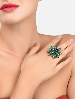 Zaveri Pearls - Green Dazzling Stones Flower Shape Contemporary Finger Ring-ZPFK11447