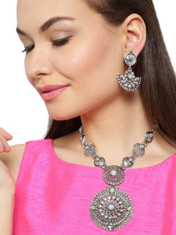 Zaveri Pearls - Silver Filigree Necklace With Earrings (Set of 2)