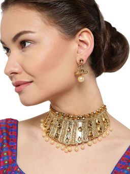 Zaveri Pearls - Gold Royal Look Traditional Choker With Earrings (Set of 2)