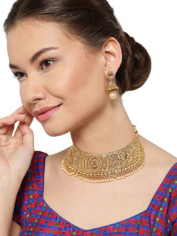Zaveri Pearls - Gold Precisely Designed Traditional Choker With Earrings (Set of 2)