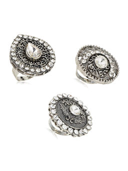 Zaveri Pearls - Antique Silver Tone Ethnic Rings (Set of 3)