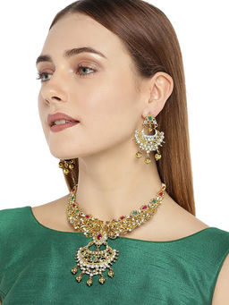 Zaveri Pearls - Antique Gold Tone Intricately Designed Traditional Necklace Set