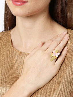 Zaveri Pearls - Gold Tone Pink Enamelling Adjustable Finger Ring