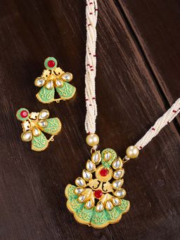 Zaveri Pearls - Gold Ethnic Kundan & Multi Pearl Strands Necklace With Earrings (Set of 2)