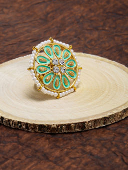 Zaveri Pearls - Gold Beautifully Enamelled Ethnic Adjustable Finger Ring