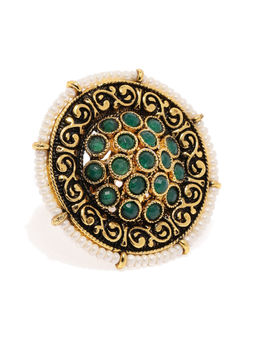 Zaveri Pearls - Antique Gold Tone Embellished With Green Stones Finger Ring
