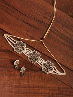 Zaveri Pearls - Gold Dazzling Kundan & Pearls Floral Choker With Earrings (Set of 2)