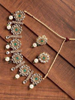 Zaveri Pearls - Gold Tone Floral Design Dazzling Choker With Earrings (Set of 2)