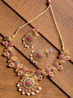 Zaveri Pearls - Gold Tone Peacock Inspired Splendid Necklace With Earrings (Set of 2)