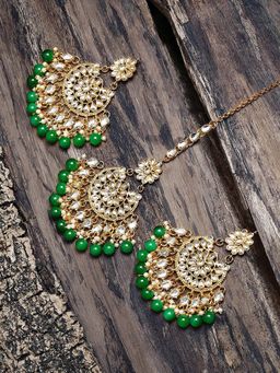 Zaveri Pearls - Gold Kundan & Dangling Green Beads Mesmerising Earring & Maangtikka (Set of 2)