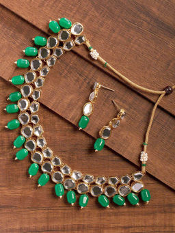 Zaveri Pearls - Gold Mesmerising Kundan & Dangling Green Beads Choker With Earrings (Set of 2)