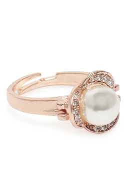 Zaveri Pearls - Rose Gold Cubic Zirconia & Pearl Contemporary Adjustable Brass Finger Ring