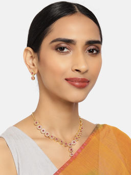 Zaveri Pearls - Pink Cubic Zirconia Contemporary Brass Necklace & Earring Set
