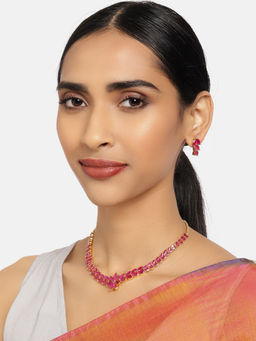 Zaveri Pearls - Pink Cubic Zirconia Contemporary Brass Necklace & Earring Set