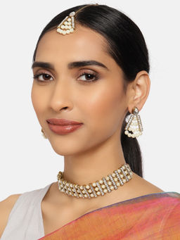 Zaveri Pearls - Gold Tone Austrian Diamonds & Pearls Ethnic Choker Necklace Earring & Maangtikka Set